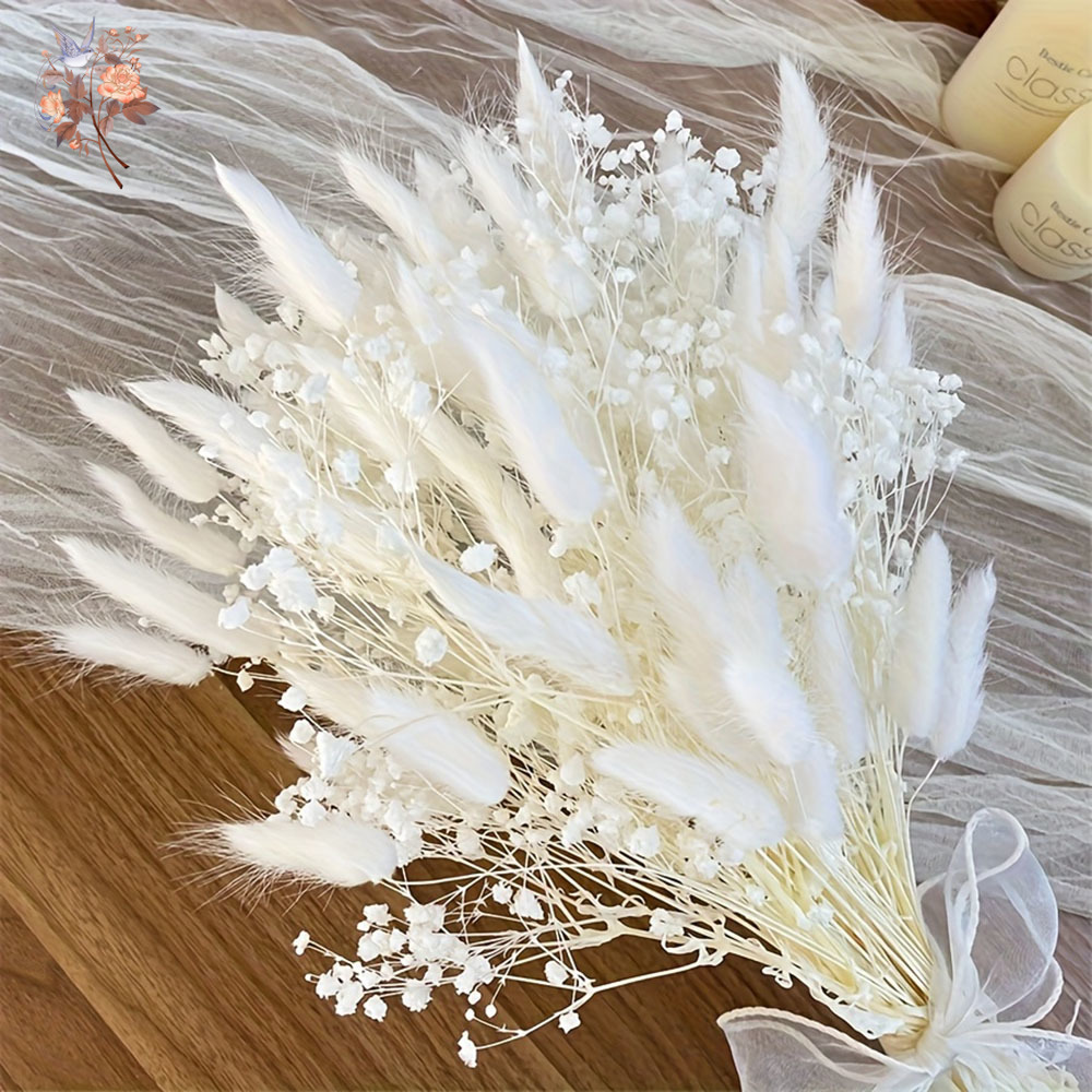 Dried Flower Bunch - 54 ชิ้นดอกไม้สีขาวเจ้าสาว Mariage ช่อดอกไม้ธรรมชาติหางกระต่ายหญ้าและล้านดาว Bundle แฟนคู่ของขวัญ