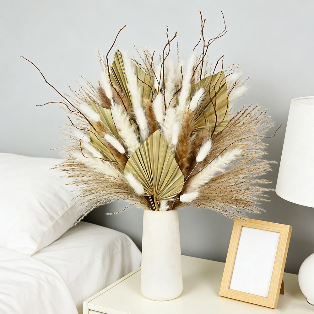 Dried Flower Bunch - ช่อดอกไม้ใบปาล์มแห้งธรรมชาติผสมกับต้นกกปัมปัส กิ่งไม้สวยงาม ช่อดอกไม้ตกแต่งบ้านสไตล์โมเดิร์น หรูหรา สำหรับงานแต่งงาน อุปกรณ์ตกแต่งแจกัน